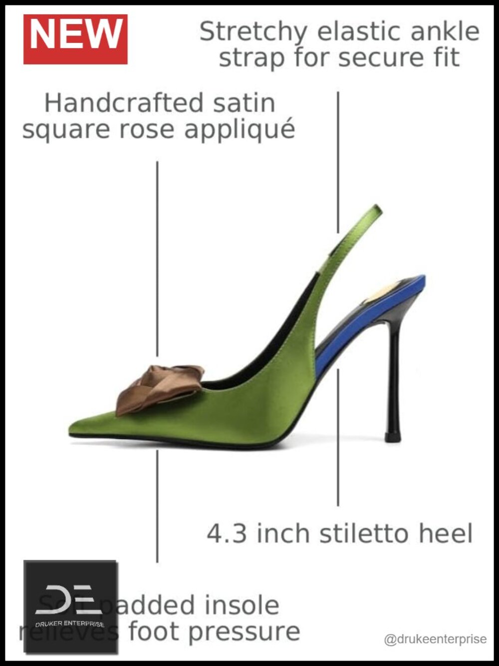 Satin Square Rose Slingback Pumps Pointed Toe Stiletto Heels Women's - Picture 2 of 6